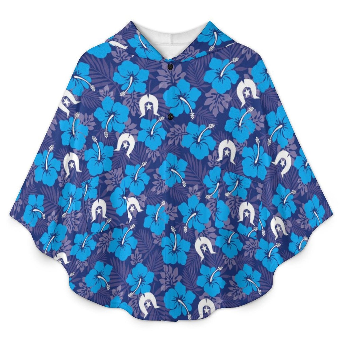 Hibiscus flowers with White Dhari (Royal blue) on Fleece Hooded Cape for Adults