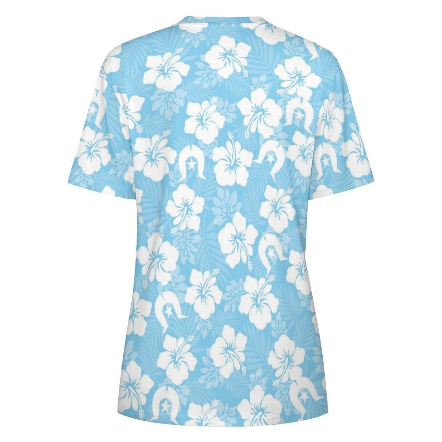 White Hibiscus and Dhari (blue) on Cotton Summer Short Sleeve T-Shirts for Women