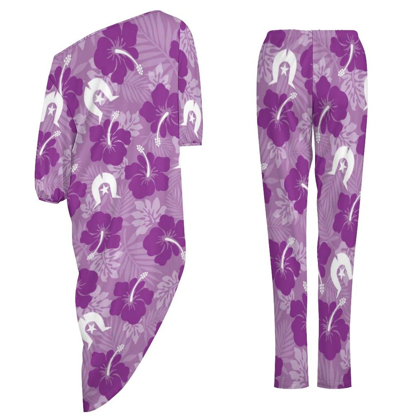 Hibiscus flowers with Dhari (Royal purple) on Diagonal Shoulder Two Piece Set