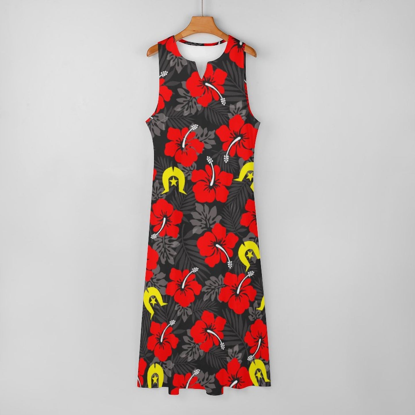 Royal Red Hibiscus with Yellow Dhari on Sleeveless Ankle-length Dress