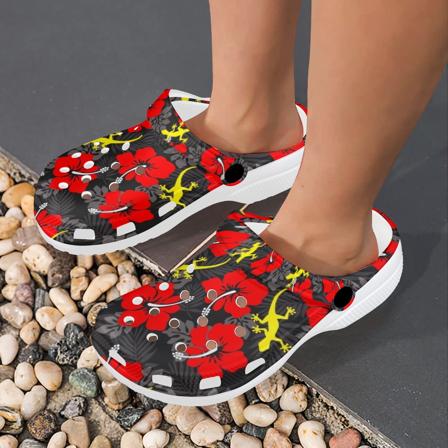 Royal Red Hibiscus flowers with Gecko on Adults Clogs