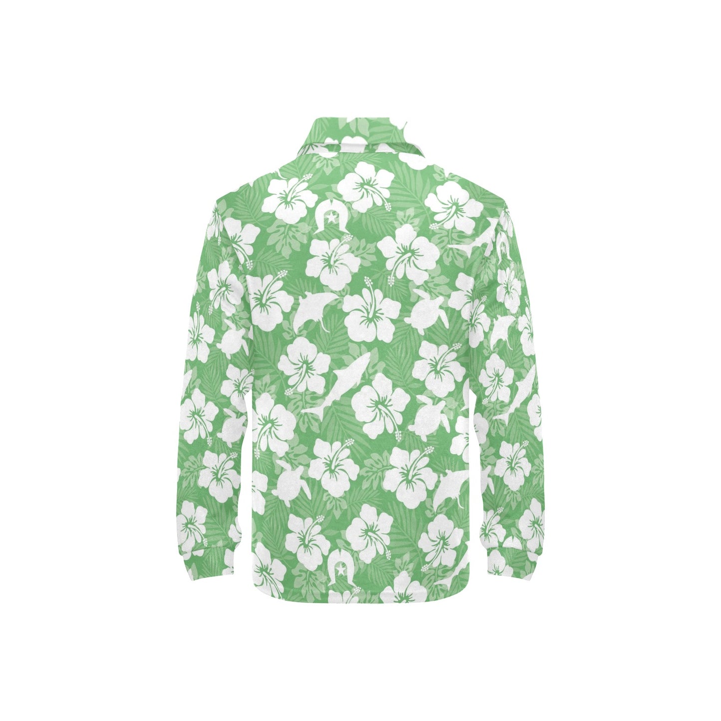 White hibiscus flowers with Dhari, Shark, turtle, and stingray (Green) on  Little Girls' Long Sleeve Polo Shirt