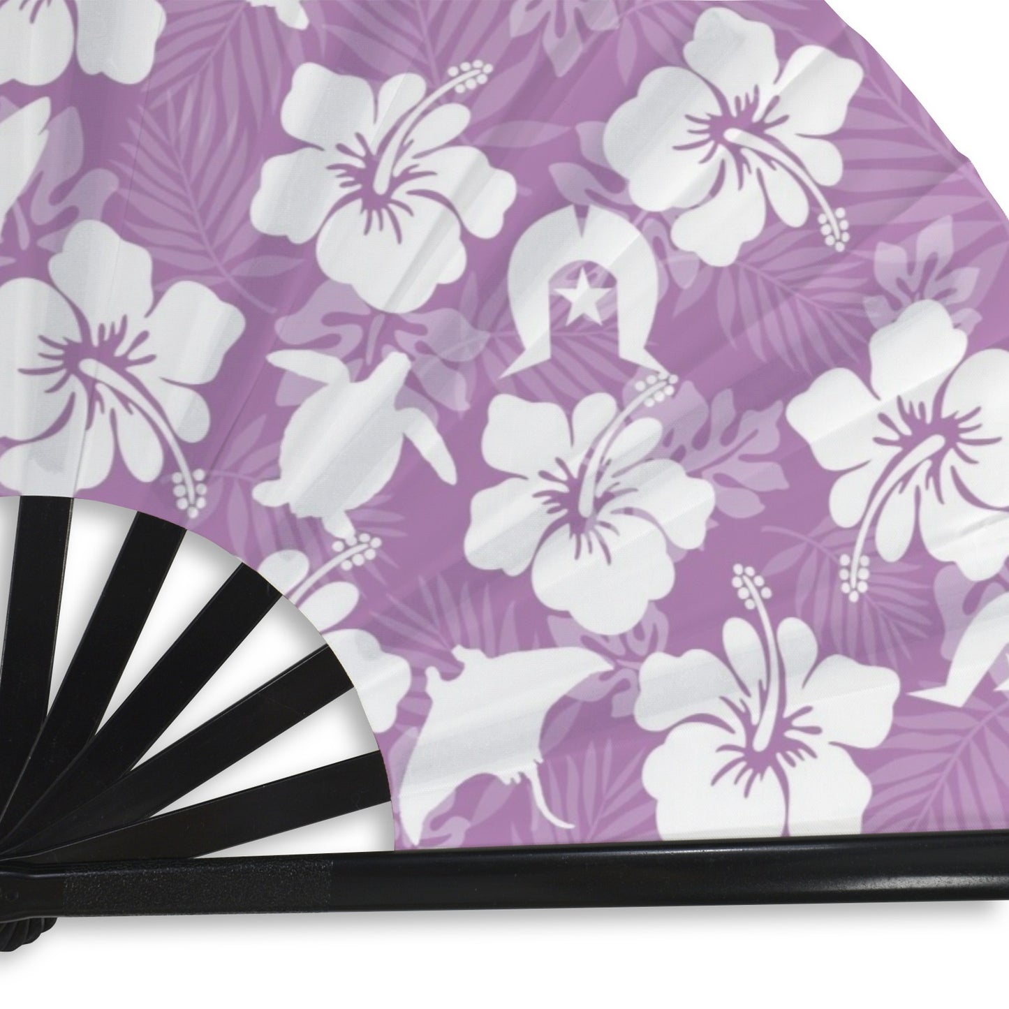 White hibiscus flowers with Dhari, Shark, turtle, and stingray (Purple) on Folding Clack Fan