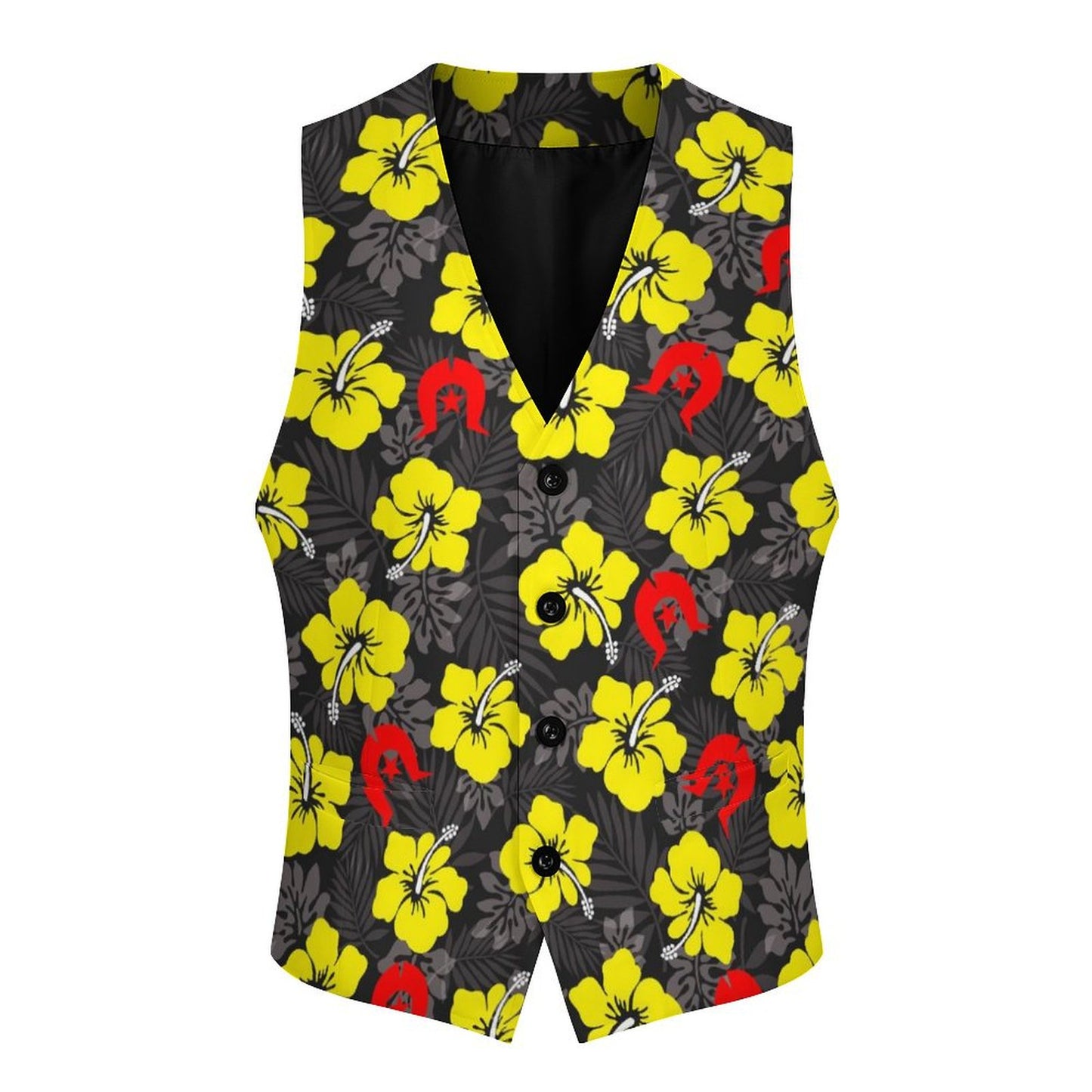 Royal yellow Hibiscus with Red Dhari on Men's Sleeveless Suit Vest