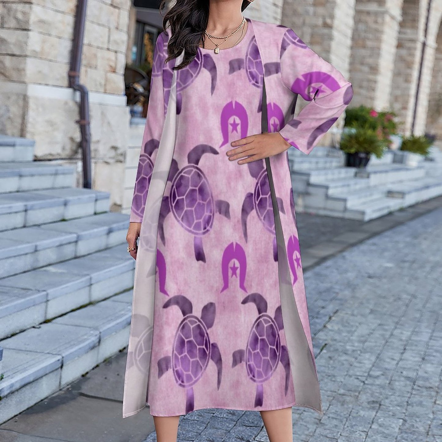 Purple Turtle Pattern on Long Dress Set