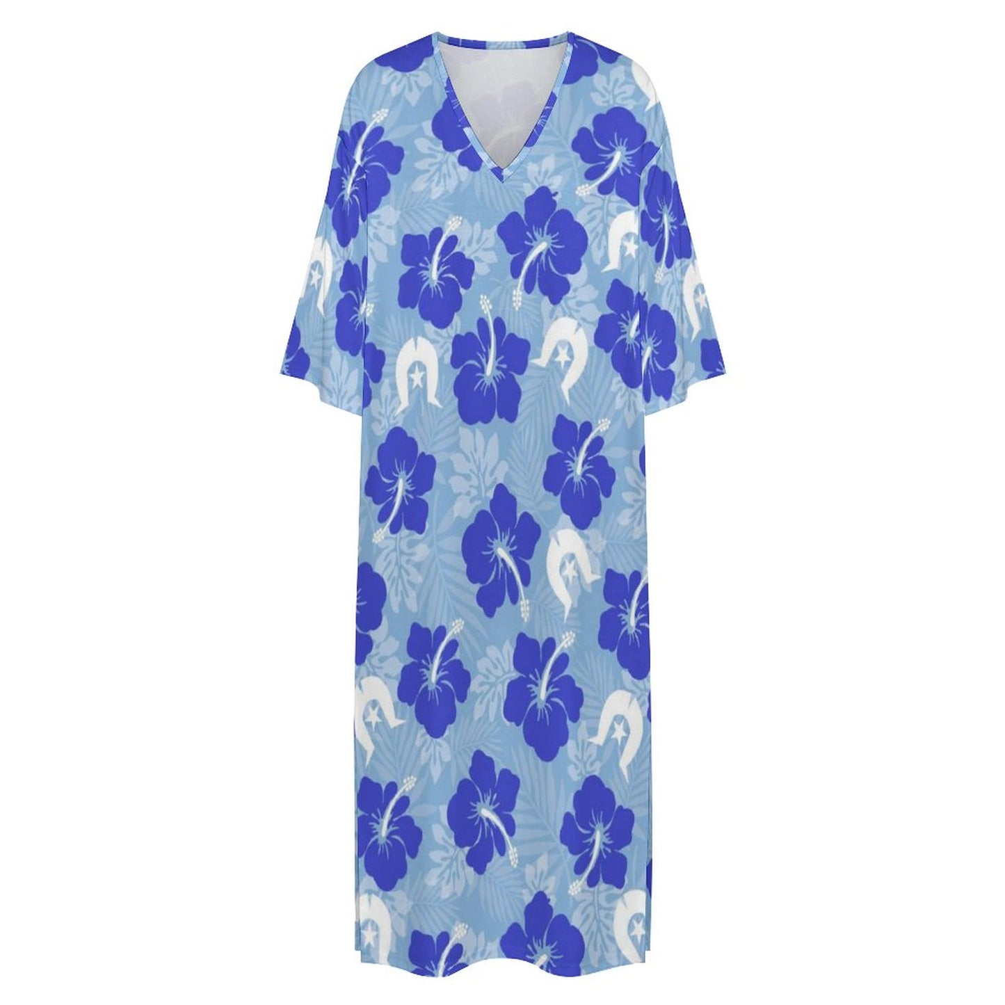 Hibiscus flowers with White Dhari (Sky blue) on Mediterranean Style V Neck Mid-Sleeve Robe