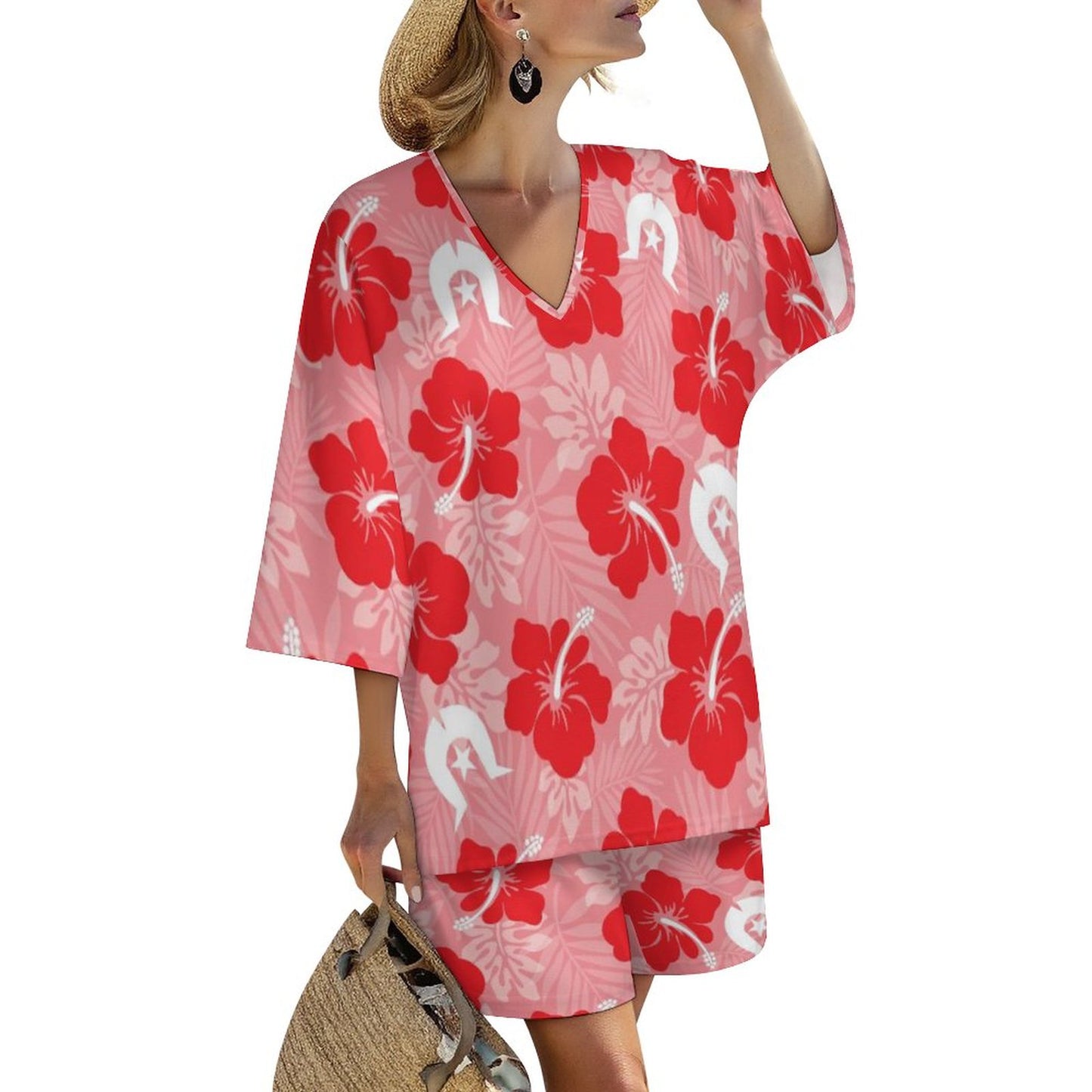 Hibiscus flowers with Dhari (Royal Pink) on Mediterranean Style V-Neck Suit