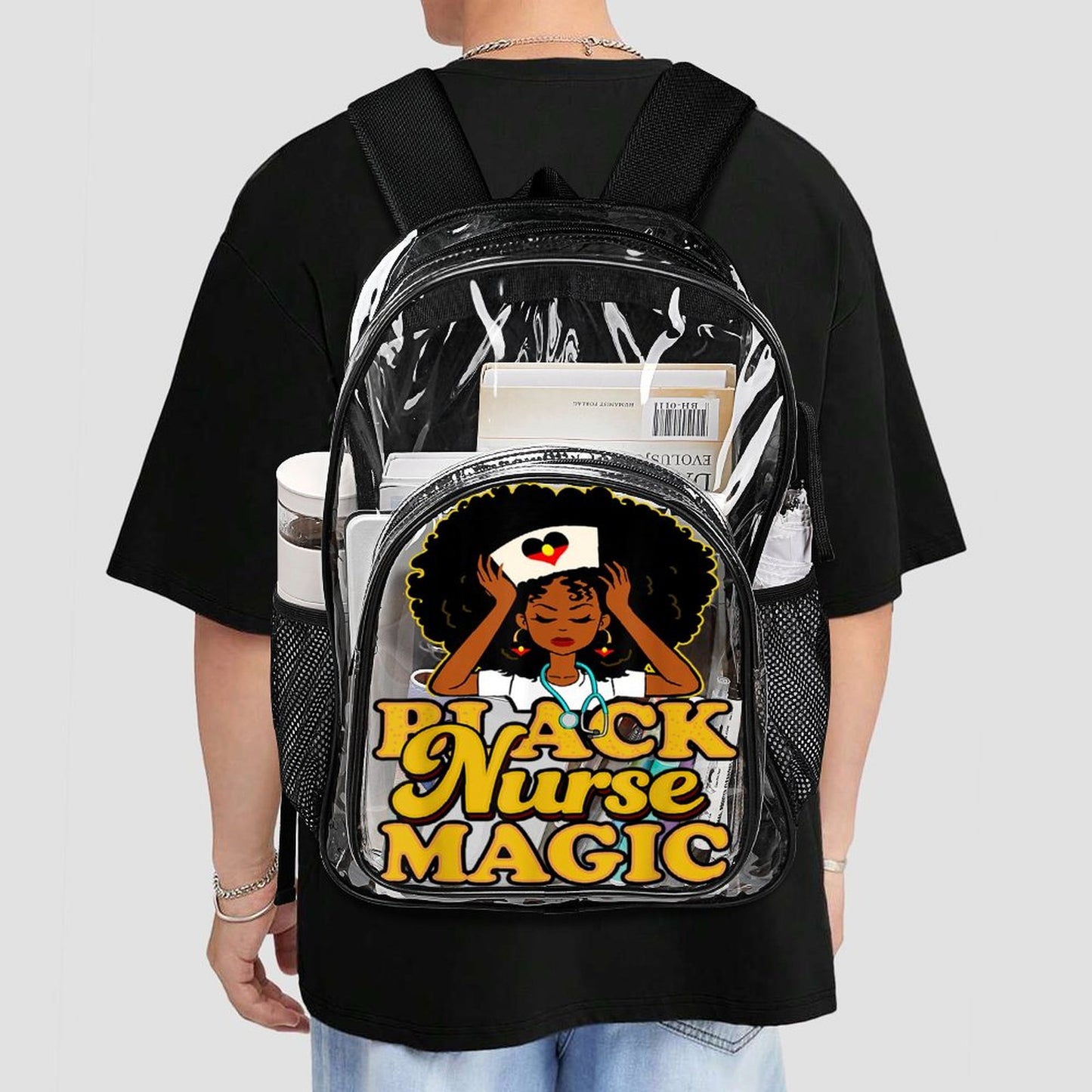 Black Nurse Magic with heart shaped Aboriginal flag on Clear Backpack