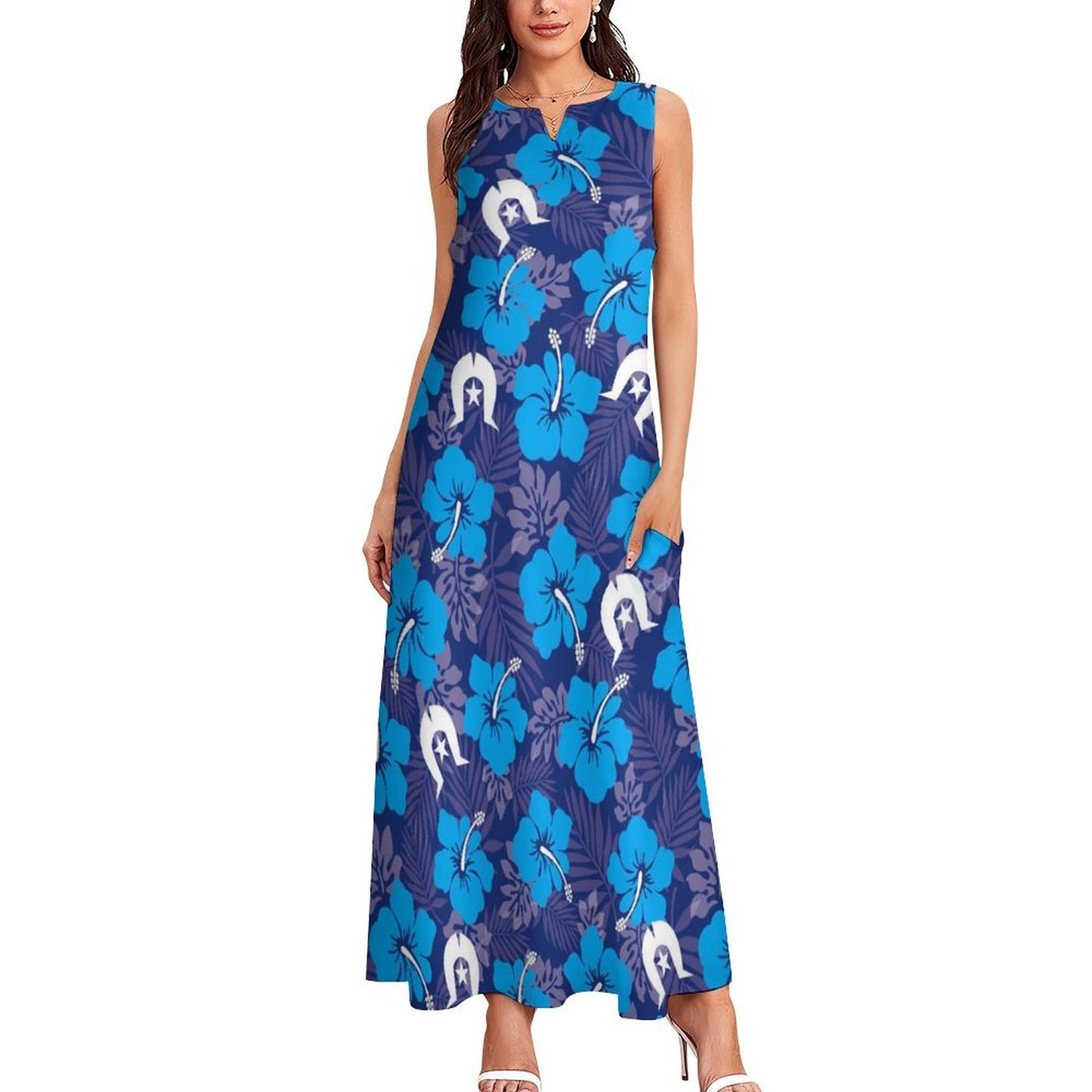 Hibiscus flowers with White Dhari (Royal blue) on Sleeveless Ankle-length Dress