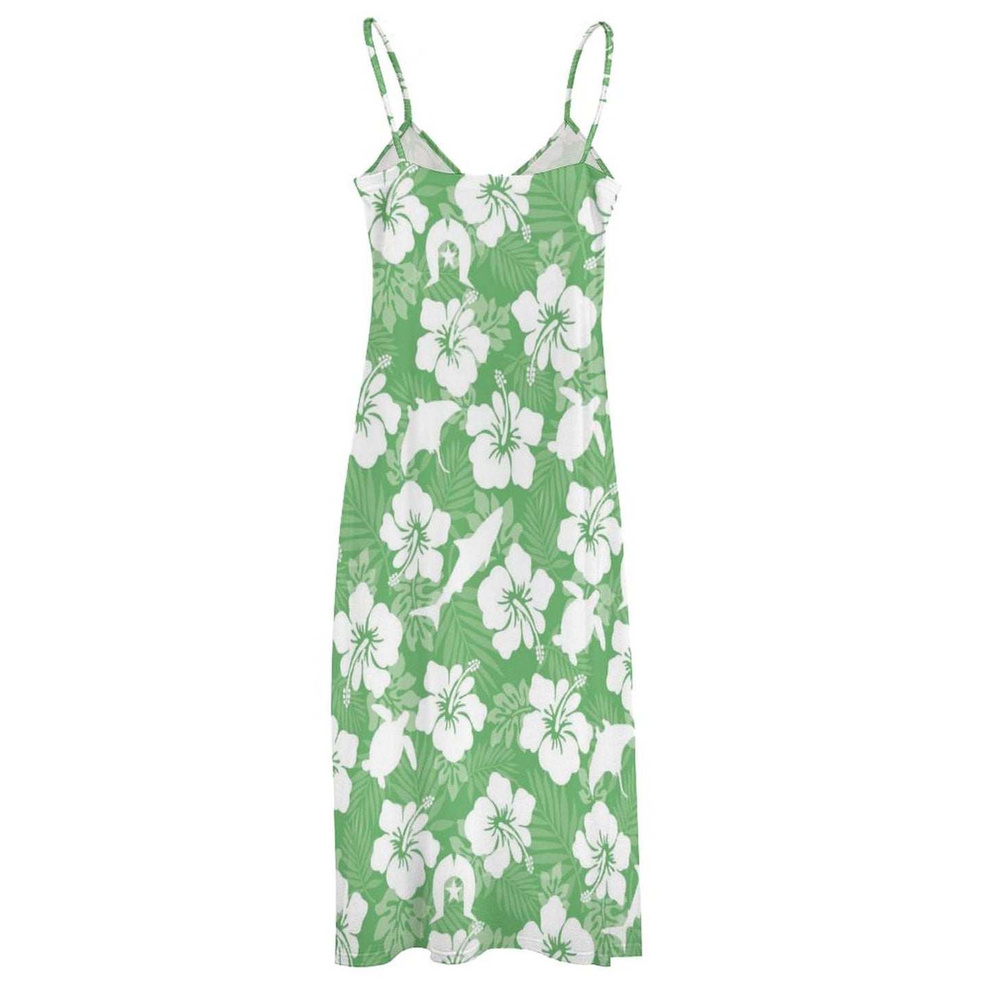 White hibiscus flowers with Dhari, Shark, turtle, and stingray (Green) on Ankle-length Slip Dress BDQ