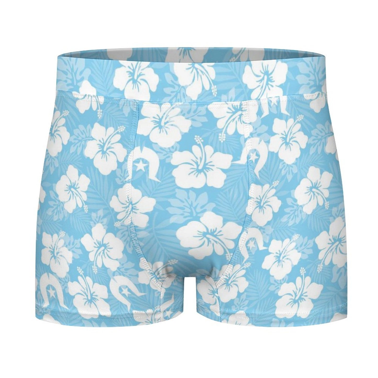 White hibiscus and Dhari (Blue) on Milk Fiber Boxer Shorts for Men
