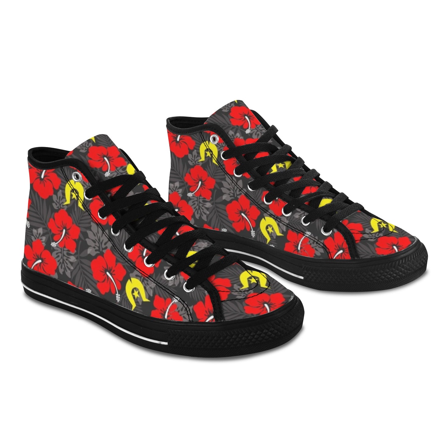 Royal Red Hibiscus with Yellow Dhari on Vancouver High Top Canvas Men's Shoes