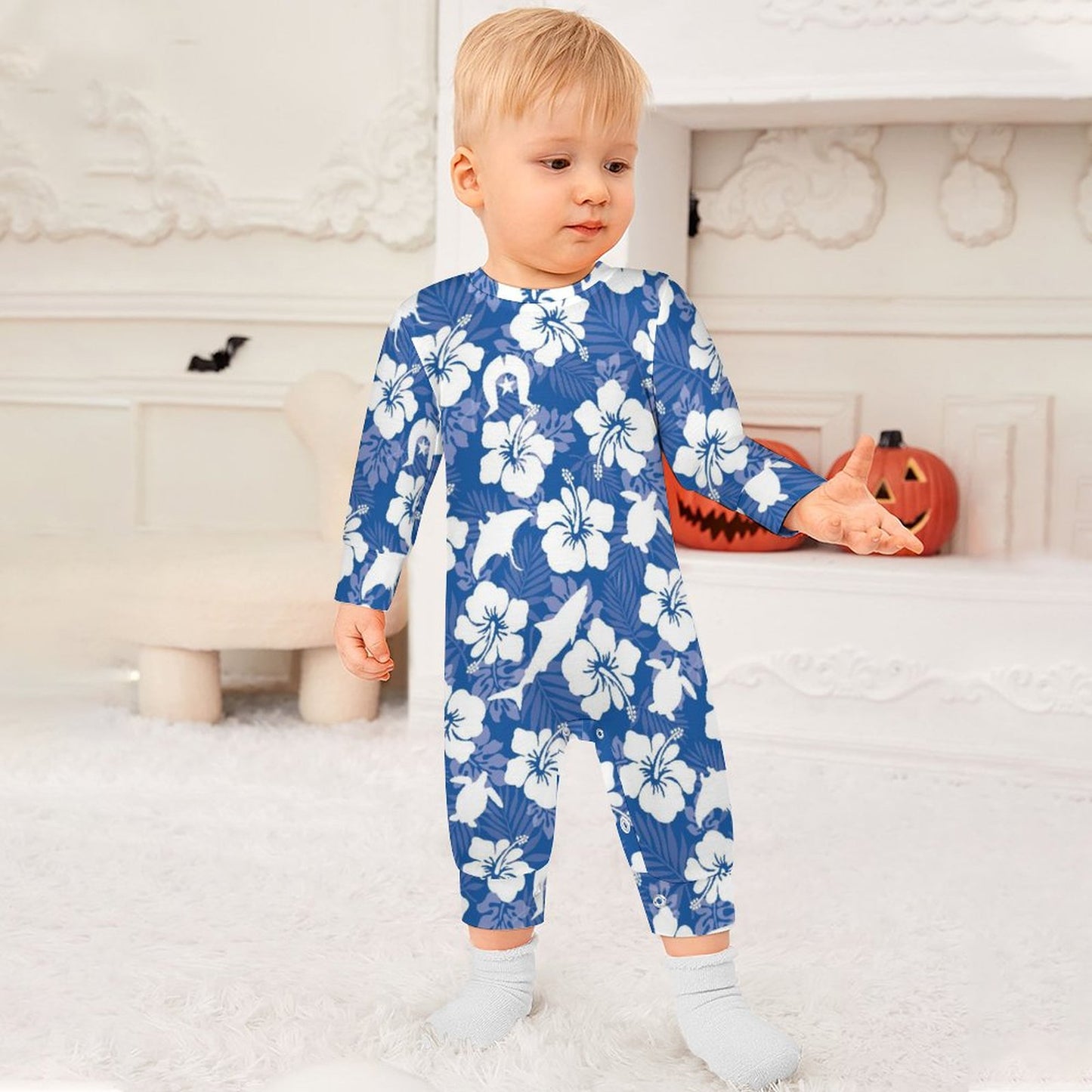 White hibiscus flowers with Dhari, Shark, turtle, and stingray on Baby Romper