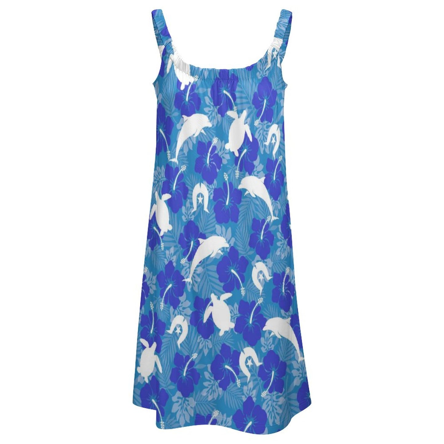 White Hibiscus flowers with Dolphin, Turtle and Dhari (Royal blue) on Sleeveless Dress