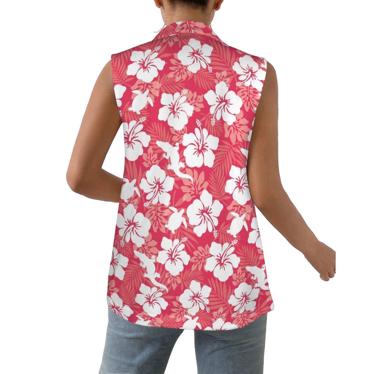 White Hibiscus flowers with Crocodile and Turtle on Women Sleeveless Suit Vest