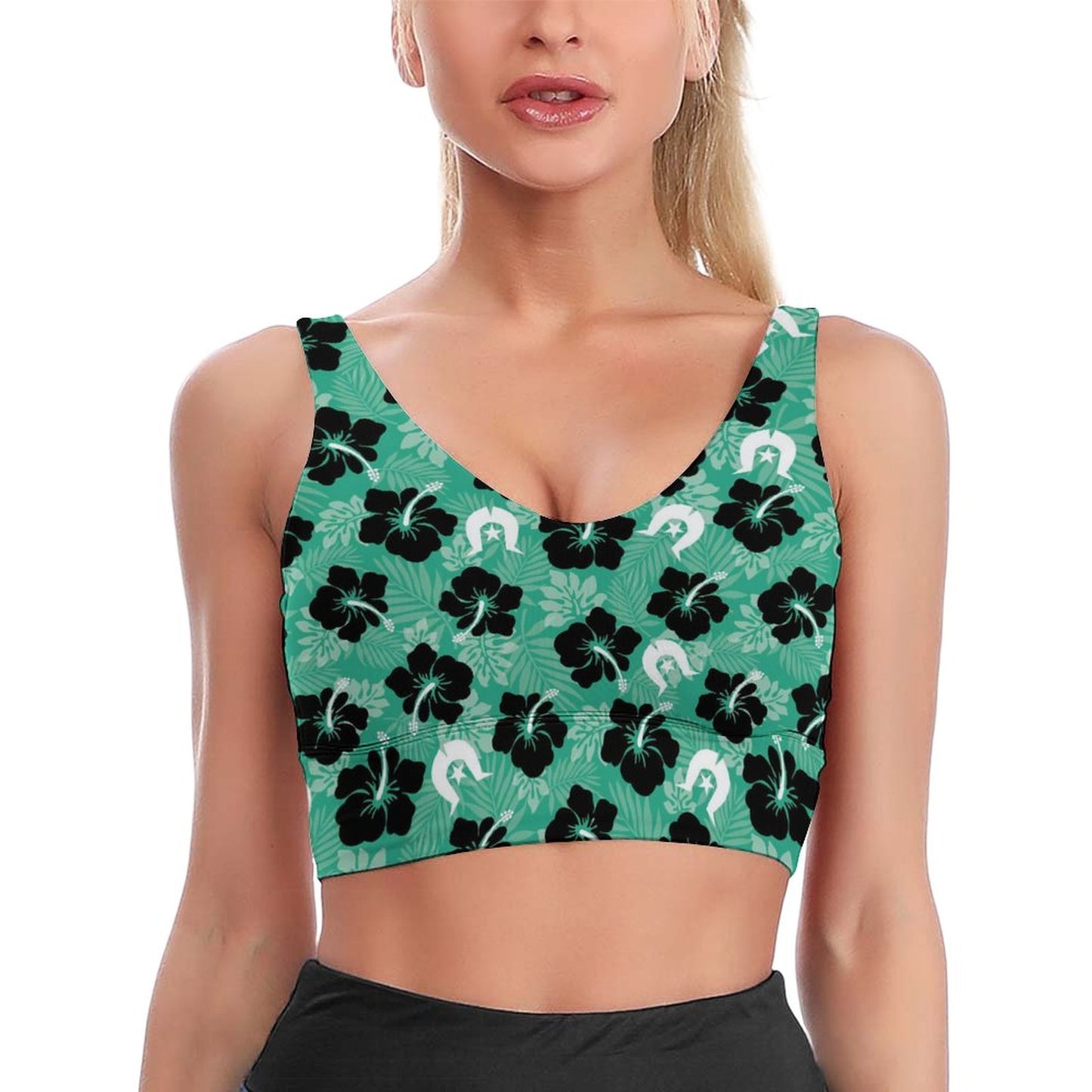 Black Hibiscus with White Dhari on Sports Yoga Bra YJ032