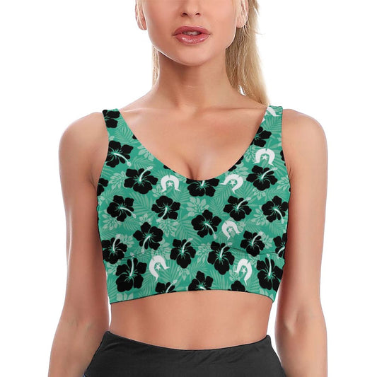 Black Hibiscus with White Dhari on Sports Yoga Bra YJ032