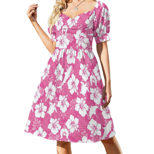White hibiscus flowers with Dhari, Shark, turtle, and stingray (Pink) on Short Sleeve V Neck Lovely Dress