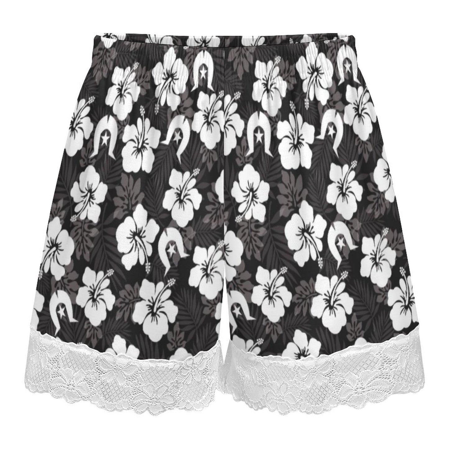 White Hibiscus and Dhari (Black) on 200gsm Women's Lace Trim Pajama Shorts