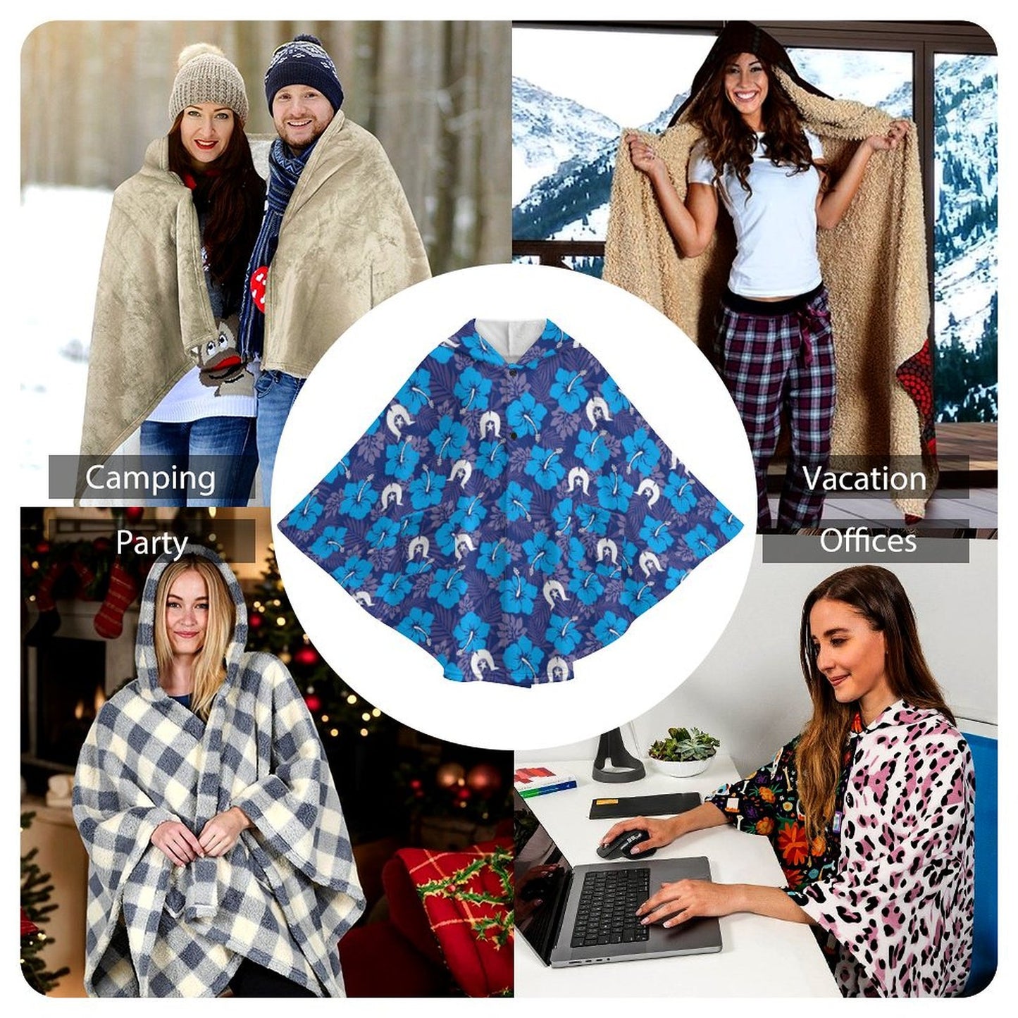 Hibiscus flowers with White Dhari (Royal blue) on Fleece Hooded Cape for Adults