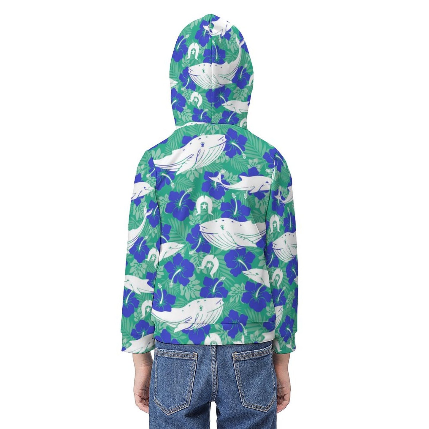 Royal Blue Hibiscus flowers with Whale, Dolphin and Dhari on Children's Hoodie