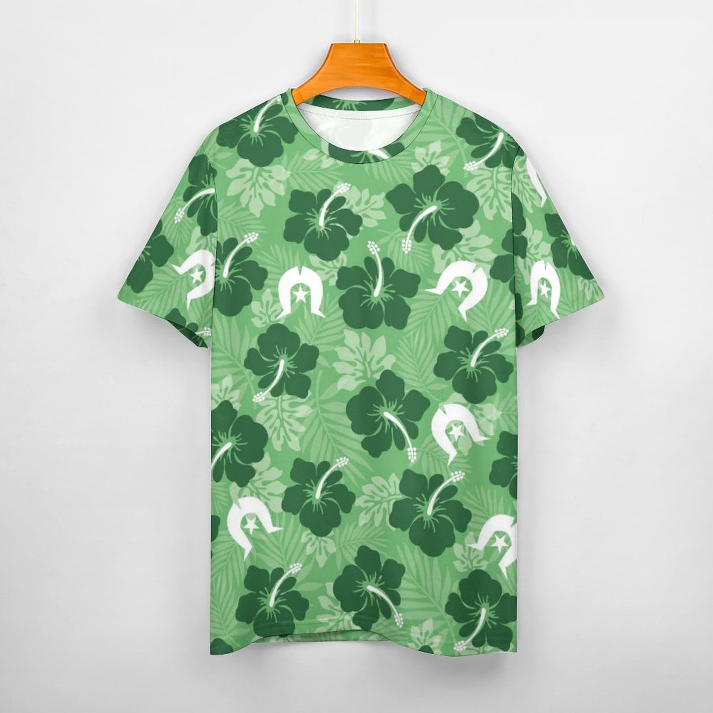 Hibiscus flowers with White Dhari (Sea Grass Green) on Cotton Summer Short Sleeve T-Shirts for Women