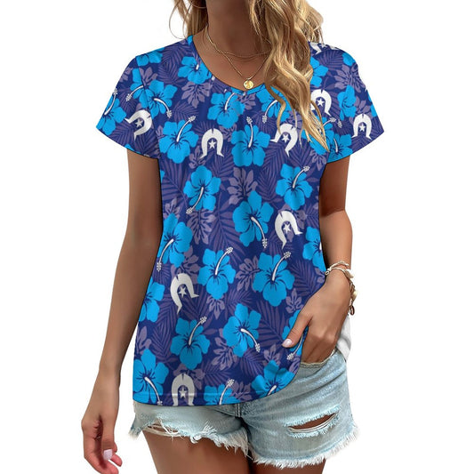 Hibiscus flowers with White Dhari (Royal blue) on V-neck Short Sleeve T-Shirt