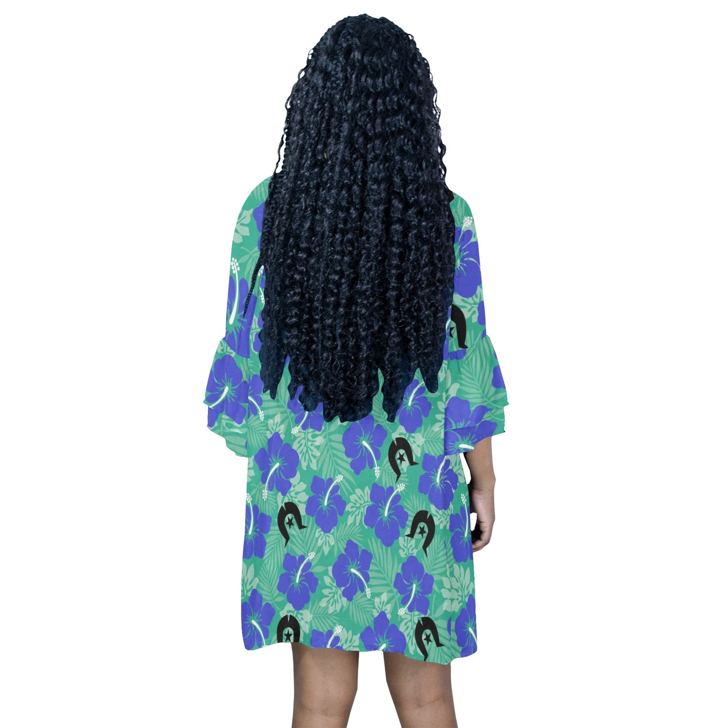 Royal Blue Hibiscus flowers with Black Dhari on Half Sleeves V-Neck Mini Dress