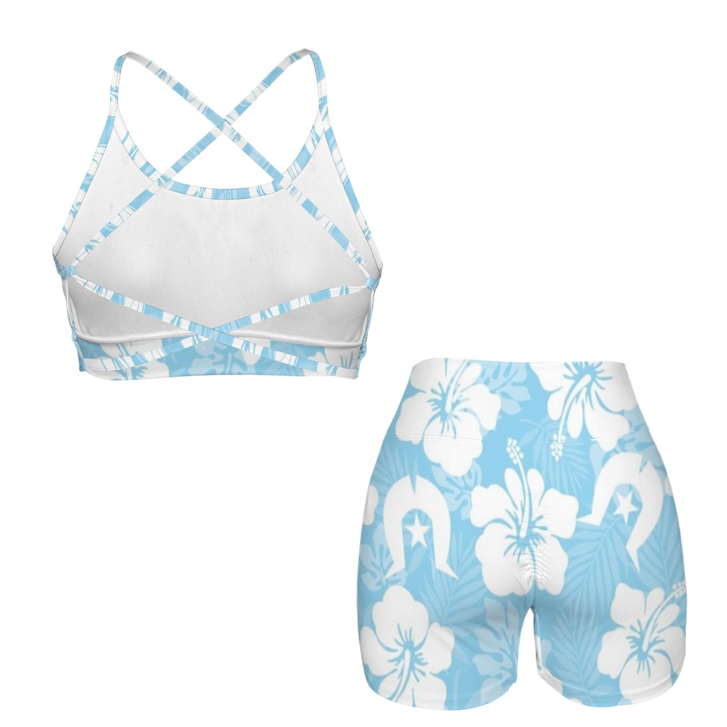 White Hibiscus and Dhari (blue) on Cross Back String Sports Bra & High Waist Shorts Active Sets