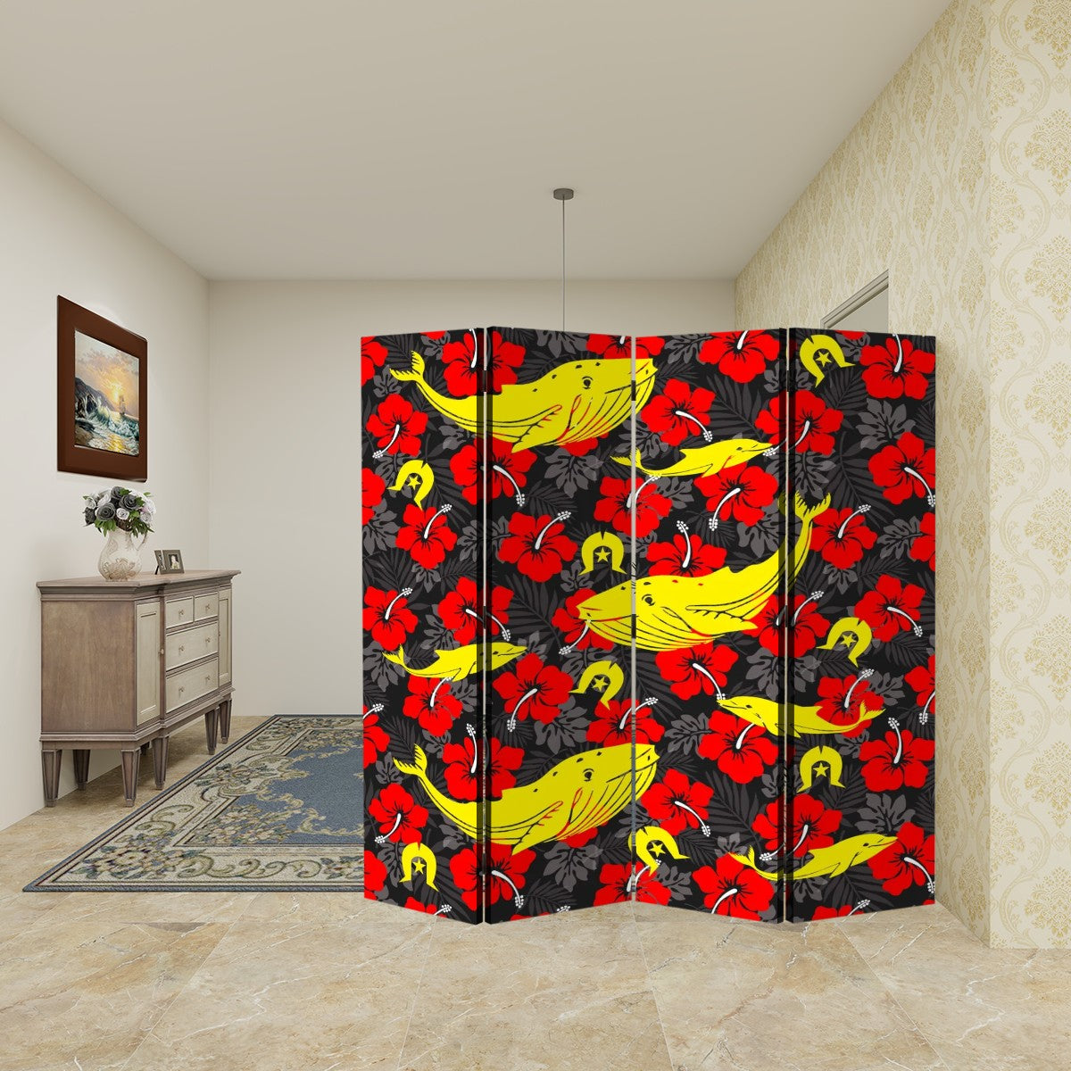 Royal Red Hibiscus with Yellow Dhari, Whale and Dolphin on Room Divider Folding Screen 4 Panel