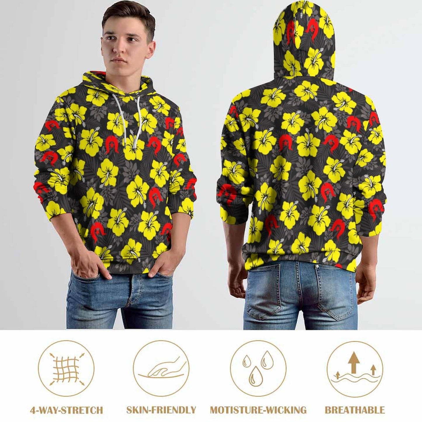 Royal yellow Hibiscus with Red Dhari on Men's Cool Hoodie with Double-layer Cap 2