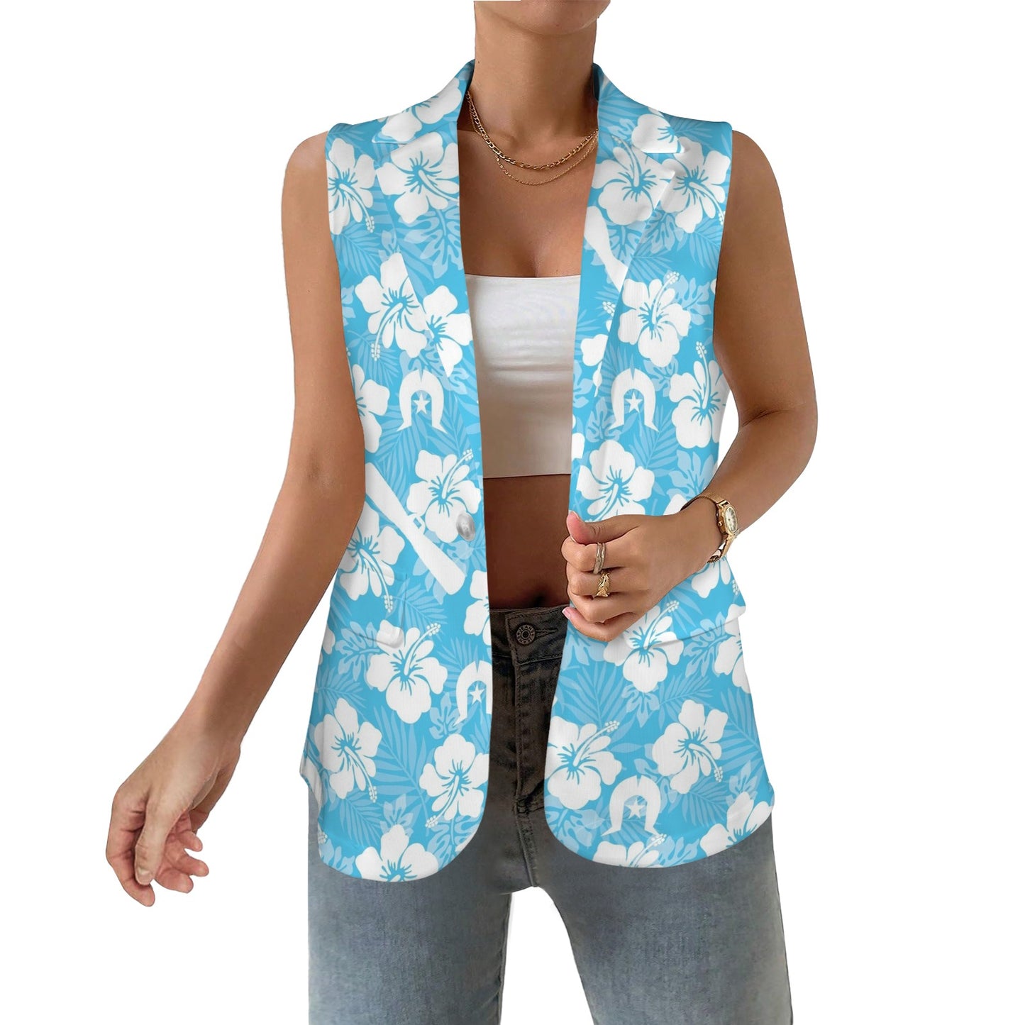 White Hibiscus flowers, Warup and Dhari on Women Sleeveless Suit Vest