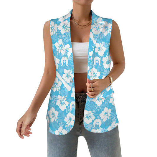 White Hibiscus flowers, Warup and Dhari on Women Sleeveless Suit Vest