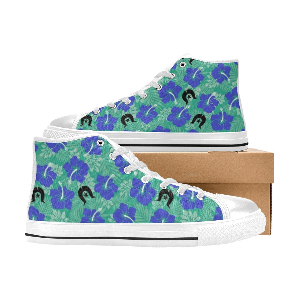 Royal Blue Hibiscus flowers with Black Dhari on Women's High Top Canvas Shoes