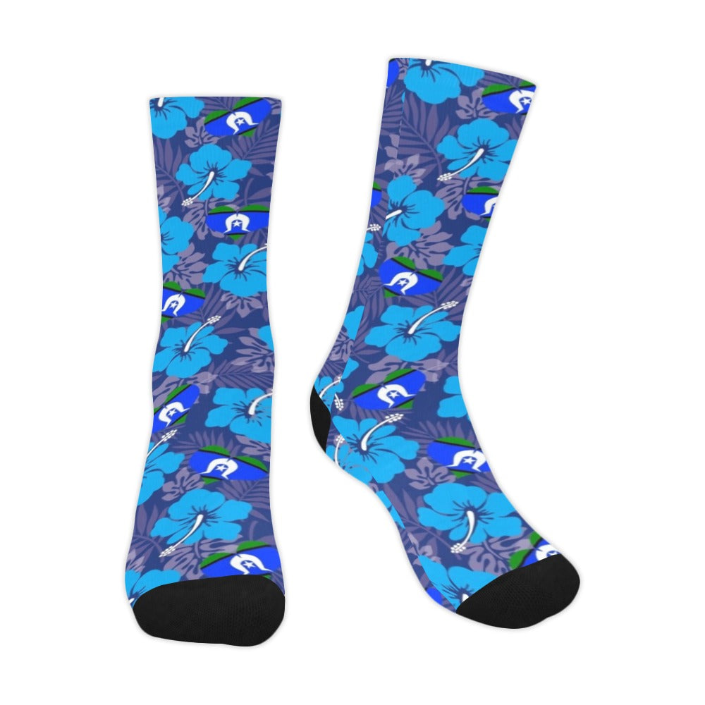 Hibiscus flowers with heart Torres Strait flag (Royal blue) on Crew Socks (Made In AUS)