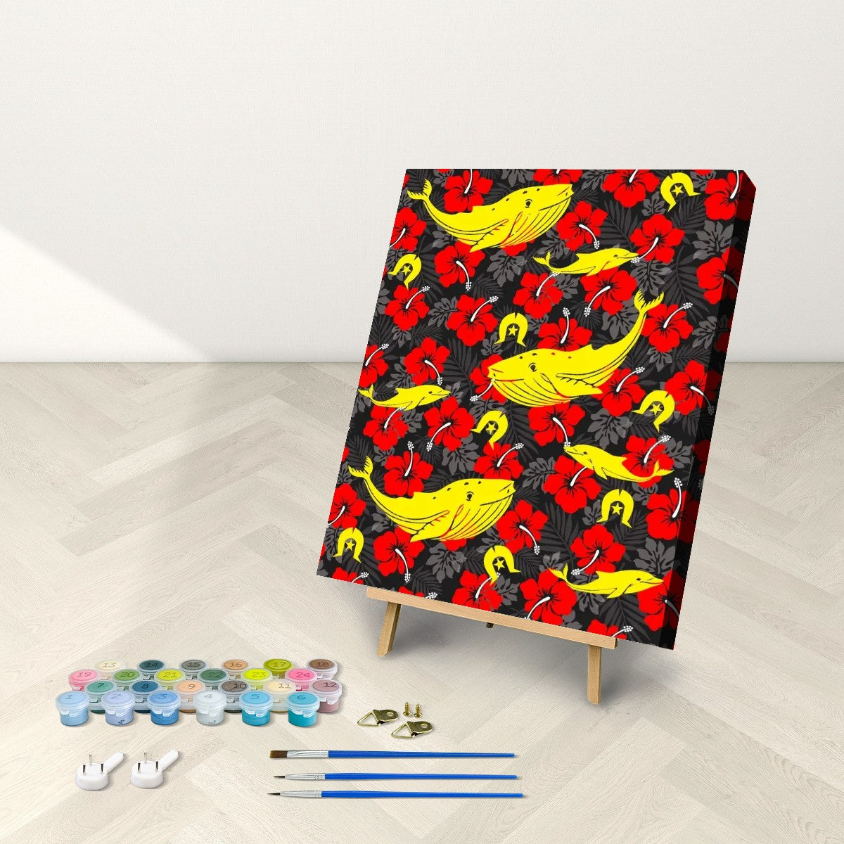 Royal Red Hibiscus with Yellow Dhari, Whale and Dolphin on Framed Paint by Numbers Kit for Adults with Stand