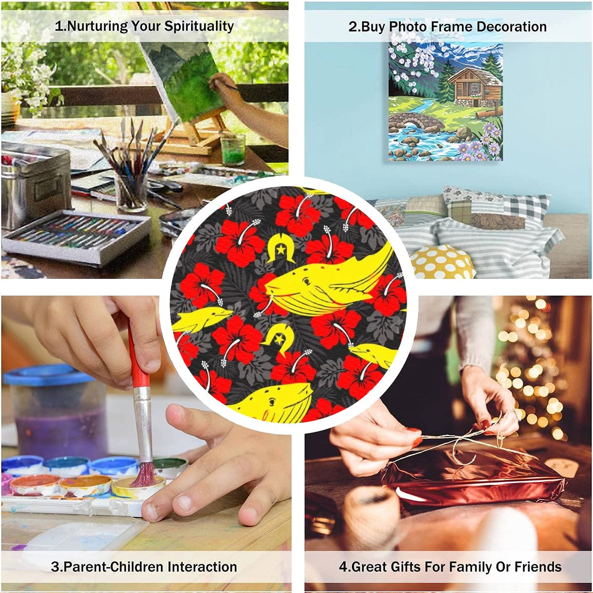 Royal Red Hibiscus with Yellow Dhari, Whale and Dolphin on Framed Paint by Numbers Kit for Adults with Stand