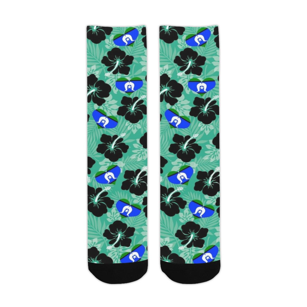 Black Hibiscus with Torres Strait heart shaped flag on Crew Socks (Made In AUS)