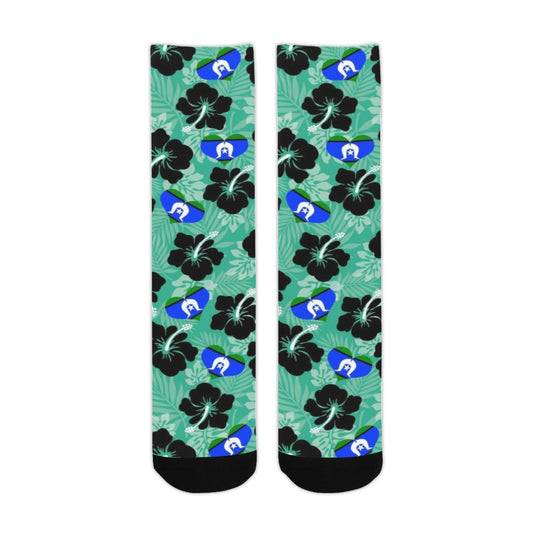 Black Hibiscus with Torres Strait heart shaped flag on Crew Socks (Made In AUS)