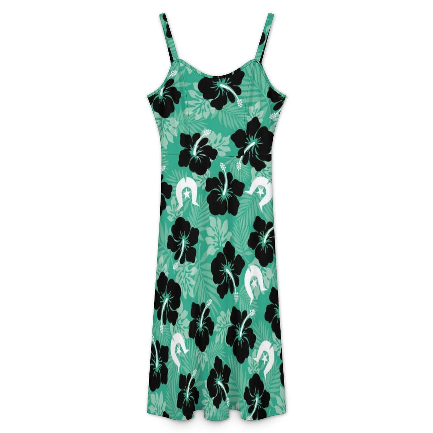 Black Hibiscus with White Dhari on Midi Spaghetti Strap Dress