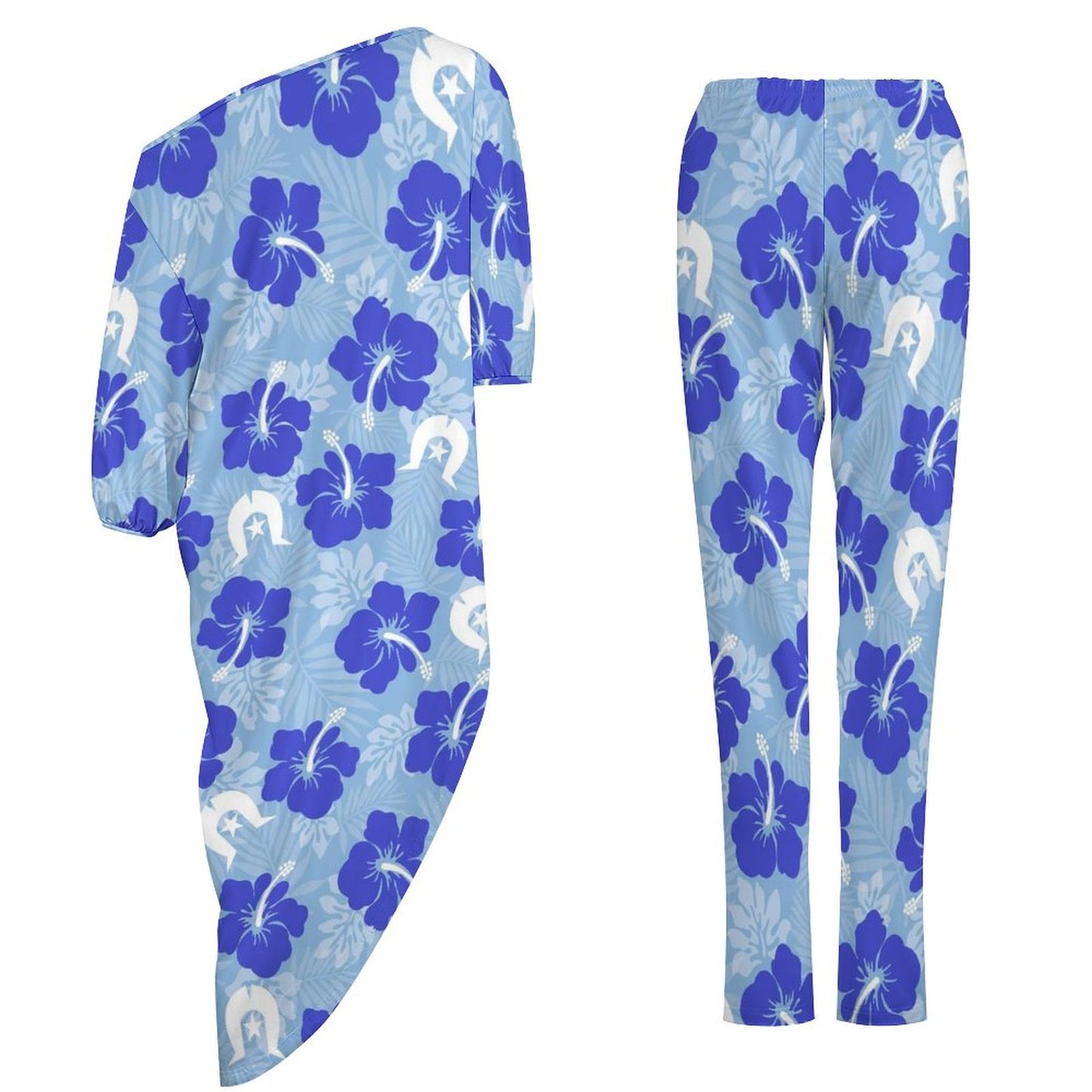 Hibiscus flowers with White Dhari (Sky blue) on Diagonal Shoulder Two Piece Set