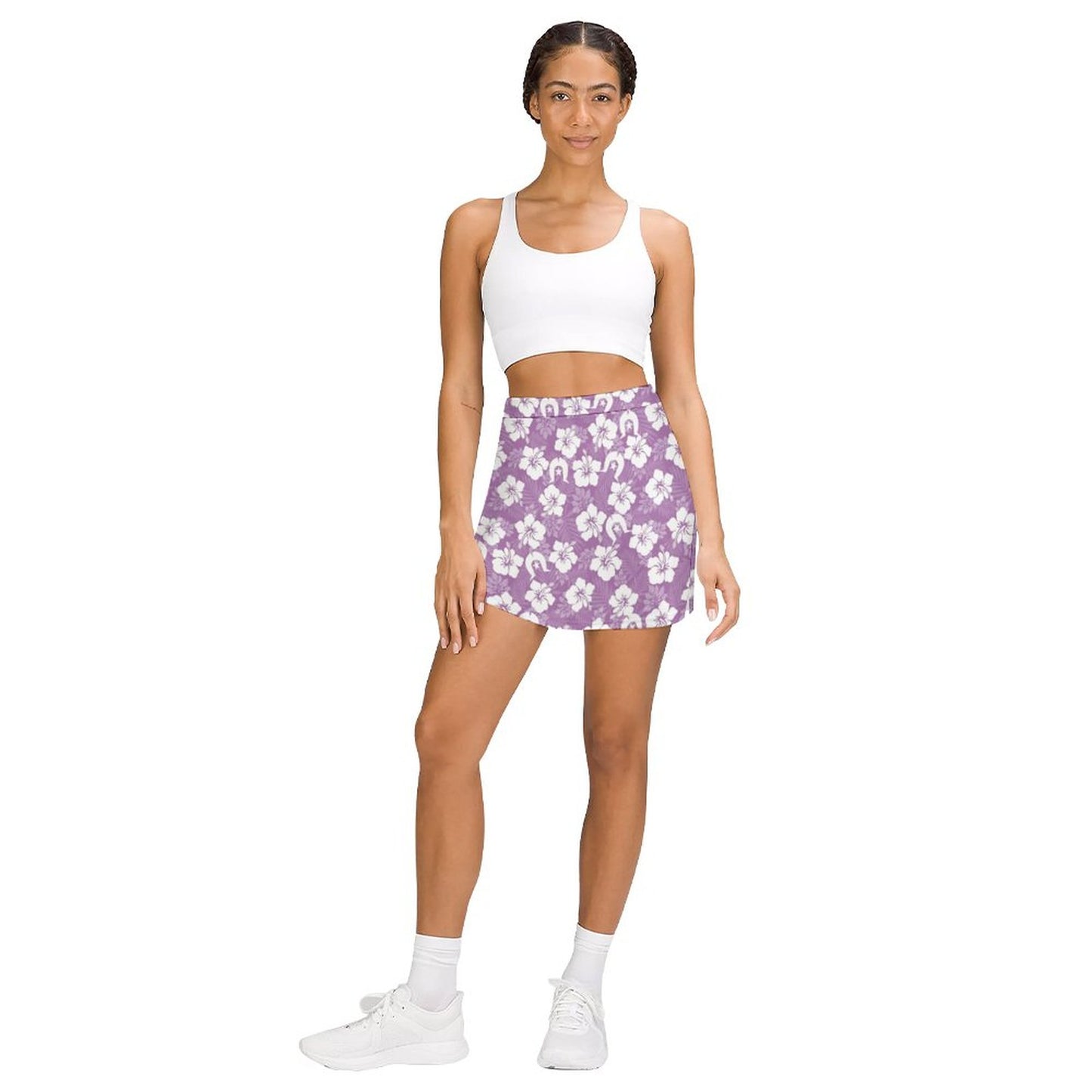 White Hibiscus and Dhari (Purple) on Anti-peep Skort with Pocket AMQ