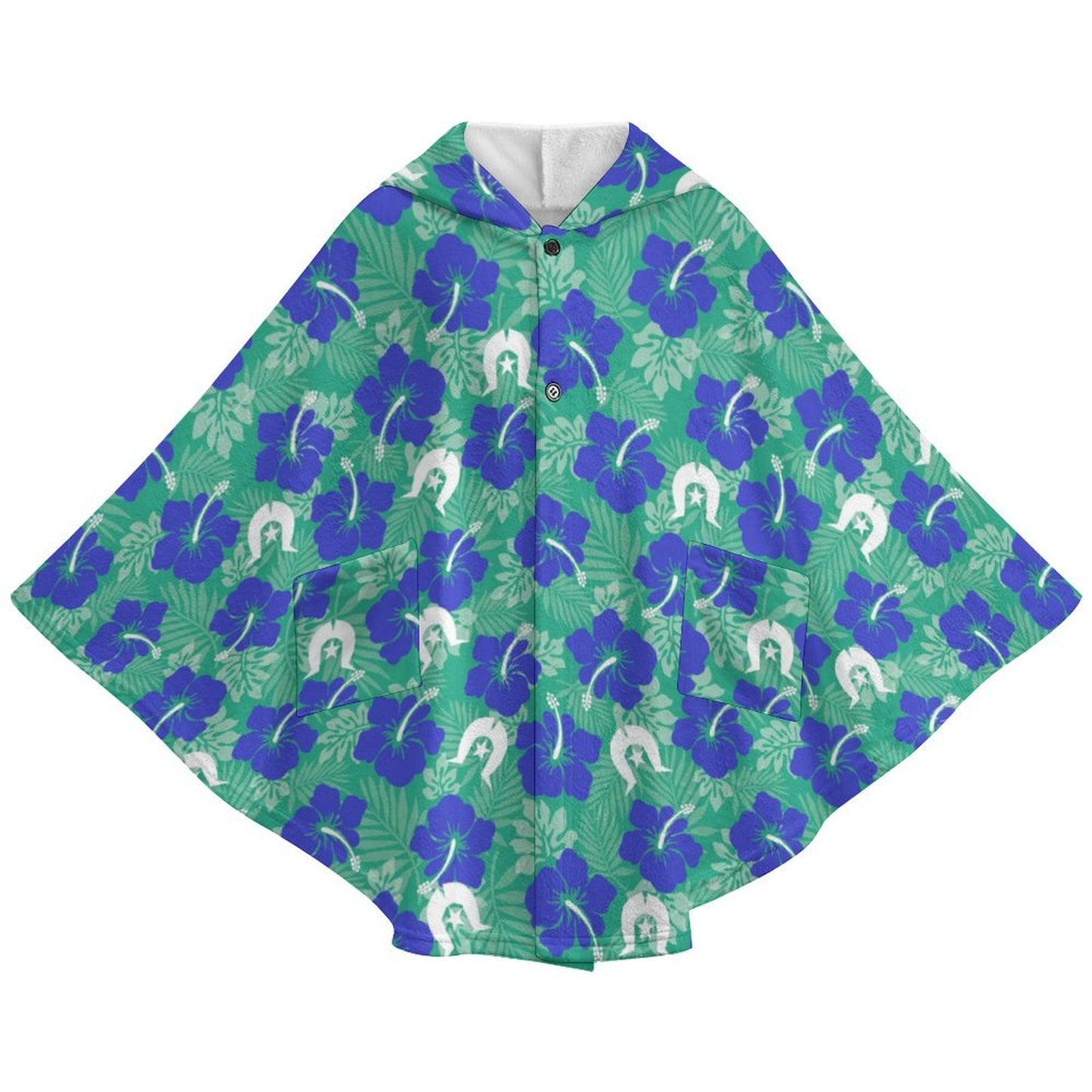 Blue Hibiscus flowers with Dhari on Fleece Hooded Cape for Adults
