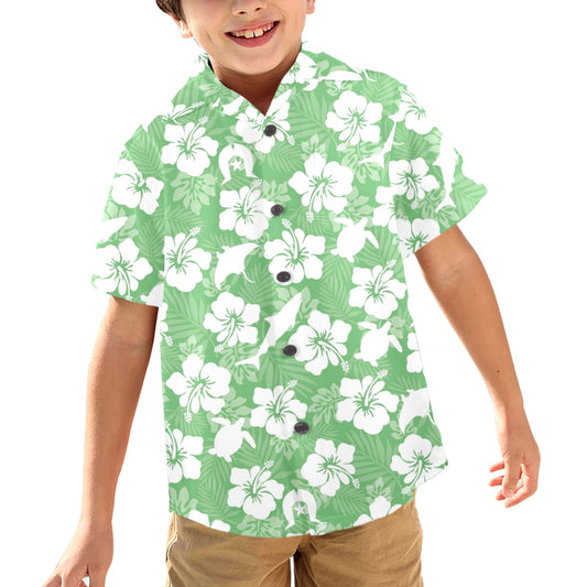 White hibiscus flowers with Dhari, Shark, turtle, and stingray (Green) on Little Boys' Hawaiian Shirt