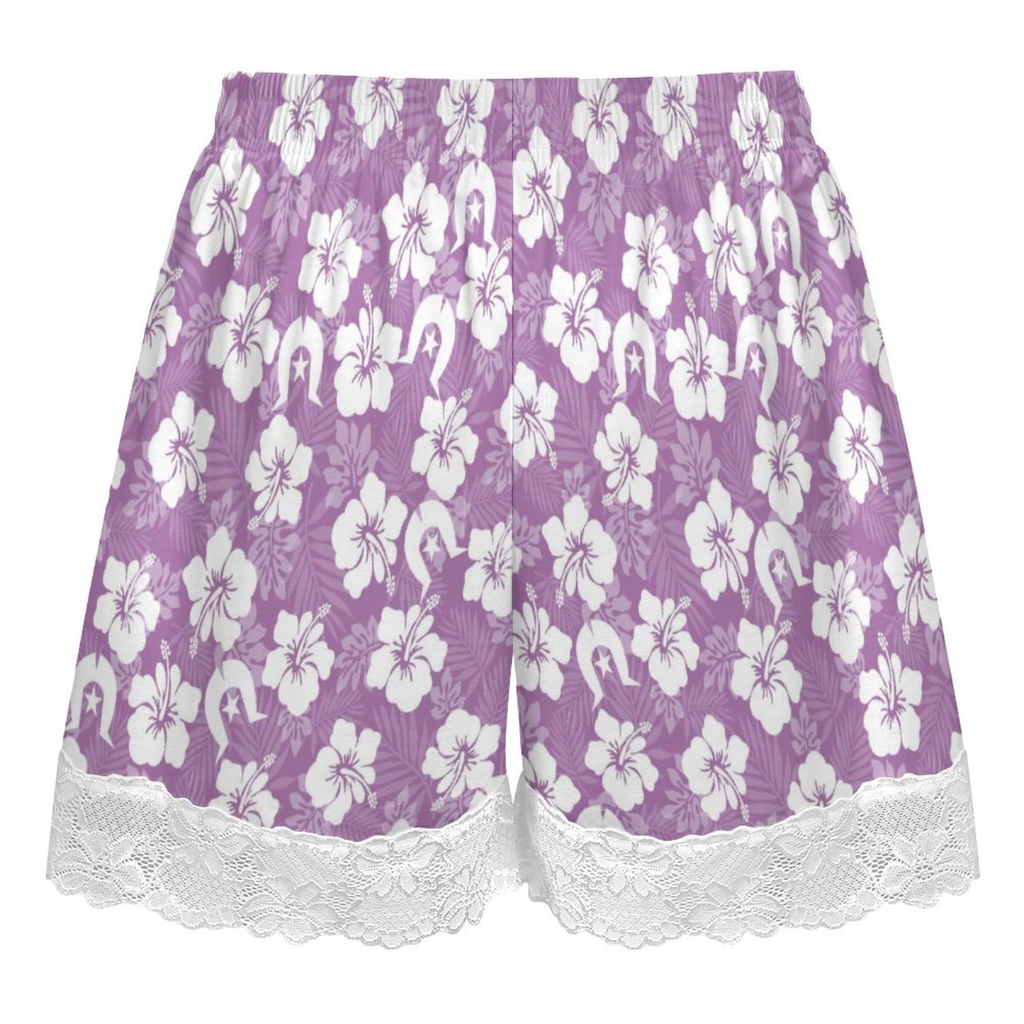 White Hibiscus and Dhari (Purple) on 200gsm Women's Lace Trim Pajama Shorts