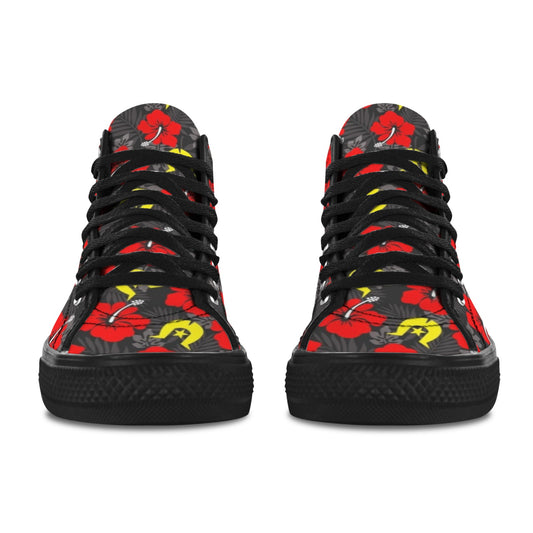 Royal Red Hibiscus with Yellow Dhari on Vancouver High Top Canvas Men's Shoes