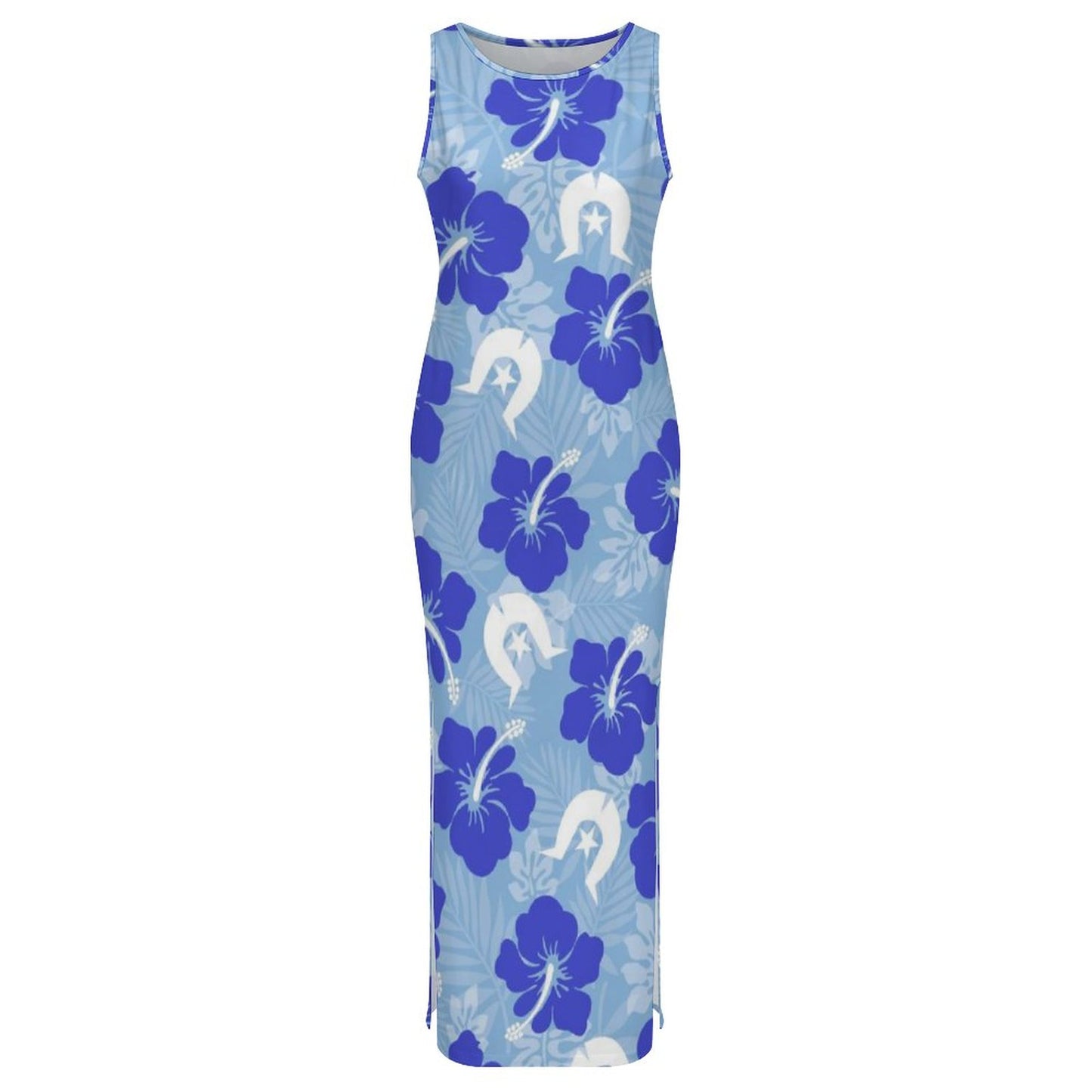 Hibiscus flowers with White Dhari (Sky blue) on 180gsm Slit Fitted Camisole Cheongsam