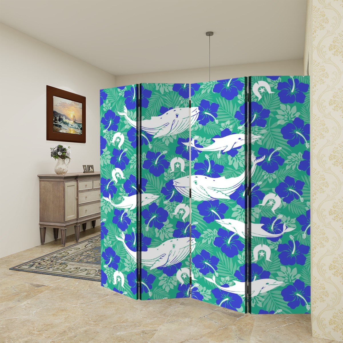 Royal Blue Hibiscus flowers with Whale, Dolphin and Dhari on Room Divider Folding Screen 4 Panel