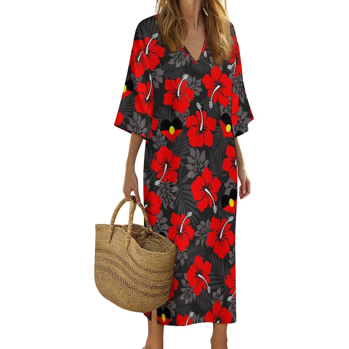 Red Hibiscus flowers with Aboriginal Heart-shaped flag on Mediterranean Style V Neck Mid-Sleeve Robe