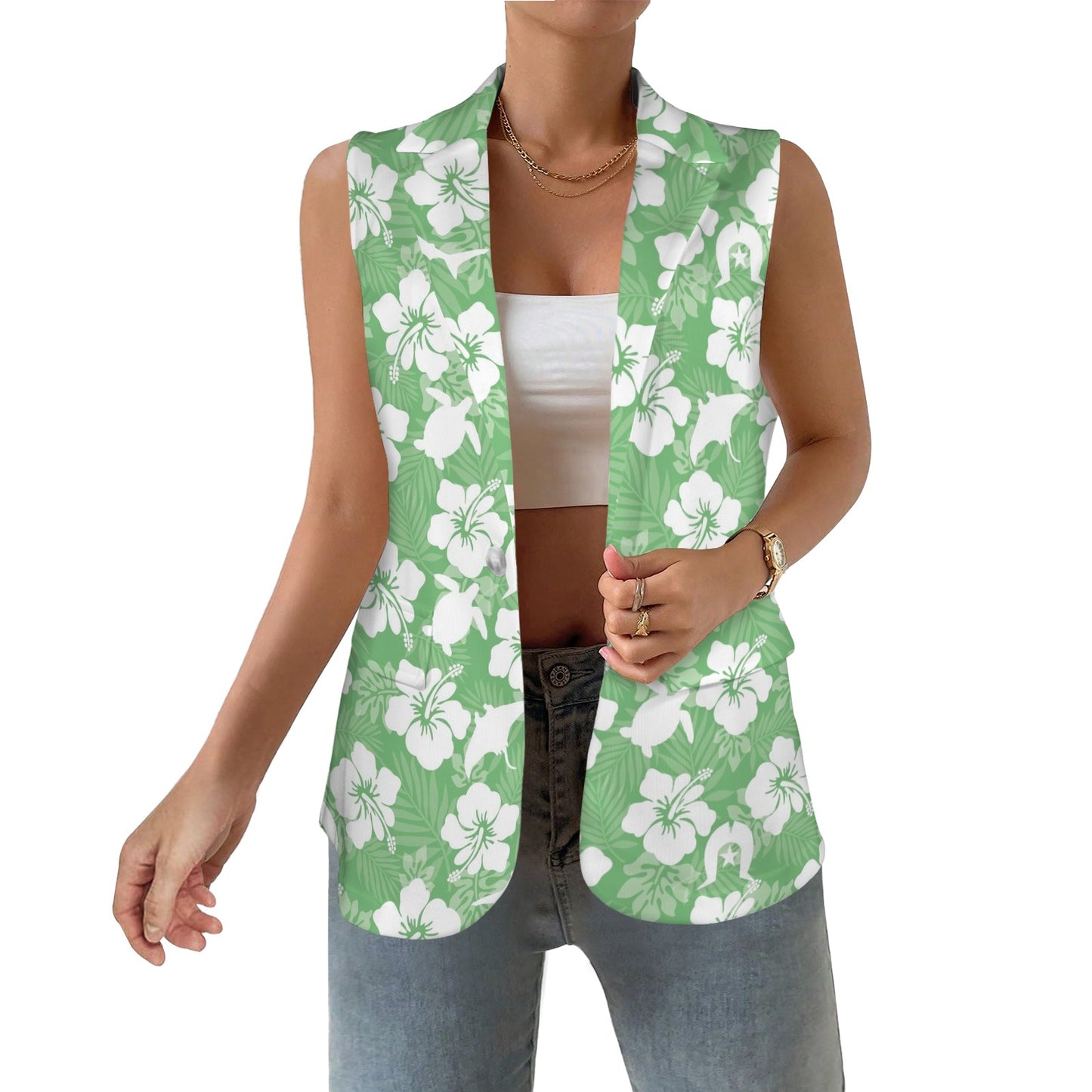White hibiscus flowers with Dhari, Shark, turtle, and stingray (Green) on Women Sleeveless Suit Vest